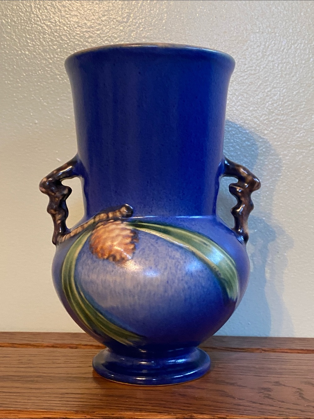 Vintage Blue Roseville Vase with Pinecone Accents 839-6 - Picture 2 of 16